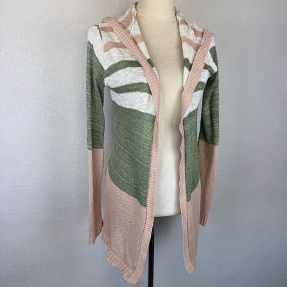 Rue‎ 21 Y2K Women's Hooded Cardigan Sweater Green Pink Stripe Open Long Sleeve - Picture 3 of 5